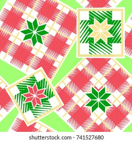 Checkered christmas seamless  pattern.Classical  red and green with gold colors print.Textile design for fabrics, wrapping paper, backgrounds, banners, invitations, dimensional decorations