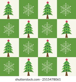 Checkered Christmas tree and snowflakes on white and green checkerboards seamless pattern. For Christmas wrapping paper, greeting card and fabric. 