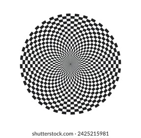 Checkered circle background. Circle with checkerboard geometric pattern. Optical chess round background with radiating lines and black and white squares. Vector illustration on white background.