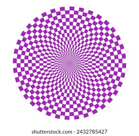 Checkered circle background. Psychedelic circle with checkerboard geometric pattern. Optical chess round background with radiating lines and squares. Vector illustration on white background.