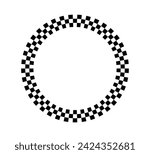 Checkered circle frame. Circle frame with checkerboard geometric pattern. Round chess border with black and white square pattern. Round race frame. Vector illustration on white background.