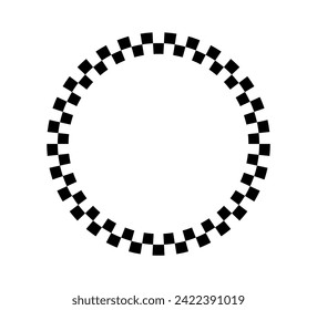 Checkered circle frame. Circle frame with checkerboard geometric pattern. Round chess border with black and white square pattern. Round race frame. Vector illustration on white background.