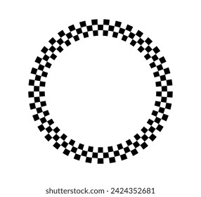 Checkered circle frame. Circle frame with checkerboard geometric pattern. Round chess border with black and white square pattern. Round race frame. Vector illustration on white background. svg