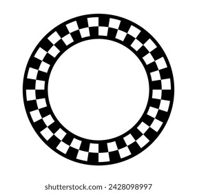 Checkered circle frame. Circle frame with checkerboard geometric pattern. Round chess border with black and white square pattern. Round race frame. Vector illustration on white background.