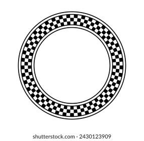 Checkered circle frame. Circle frame with checkerboard geometric pattern. Round chess border with black and white square pattern. Round race frame. Vector illustration on white background.