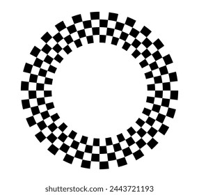 Checkered circle frame. Circle frame with checkerboard geometric pattern. Round chess border with black and white square pattern. Round race frame. Vector illustration on white background.