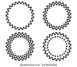 Checkered circle frame. Circle frame with checkerboard geometric pattern. Round chess border with black and white square pattern. Round race frame. Vector illustration on white background