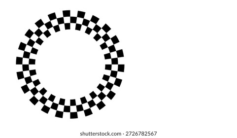 Marco circular a cuadros. Marco de círculo con patrón geométrico de tablero de ajedrez. Borde de ajedrez redondo con patrón cuadrado blanco y negro. Marco redondo de la carrera. Ilustración vectorial sobre fondo blanco.