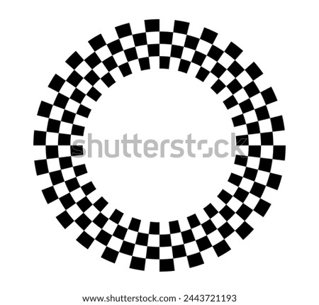 Checkered circle frame. Circle frame with checkerboard geometric pattern. Round chess border with black and white square pattern. Round race frame. Vector illustration on white background.