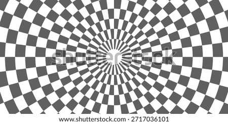 Checkered circle frame. Circle frame with checkerboard geometric pattern. Round chess border with black and white square pattern. Round race frame. Vector illustration on white background.

