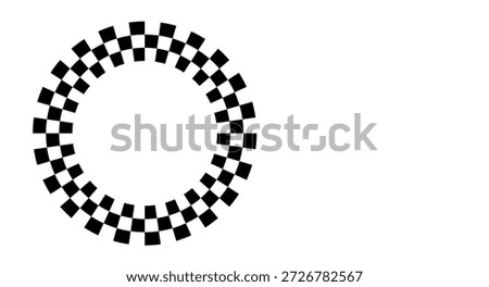 Checkered circle frame. Circle frame with checkerboard geometric pattern. Round chess border with black and white square pattern. Round race frame. Vector illustration on white background.