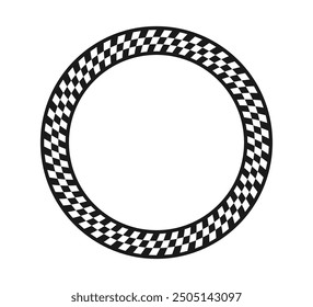 Marco circular a cuadros. Patrón de bandera de comprobador de carrera de círculo. Patrón geométrico de tablero de ajedrez. Patrón cuadrado de ajedrez de rally en blanco y negro. Marco redondo de la carrera. Ilustración vectorial sobre fondo blanco.