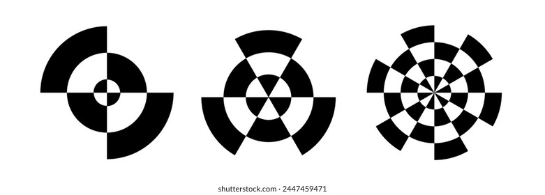 Checkered circle icons set. Circle with checkerboard geometric pattern. Optical chess round sign with radiating lines and black and white squares. Vector illustration on white background.