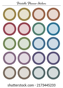 Checkered circle stickers round labels tags. Colored printable sheet for daily monthly planner.