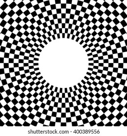 Checkered circular element. Abstract monochrome graphic with squared, checkered pattern.