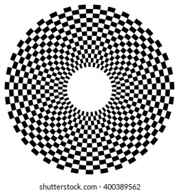 Checkered circular element. Abstract monochrome graphic with squared, checkered pattern.