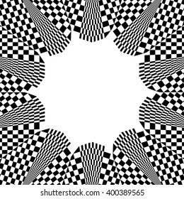 Checkered circular element. Abstract monochrome graphic with squared, checkered pattern.
