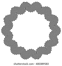 Checkered circular element. Abstract monochrome graphic with squared, checkered pattern.