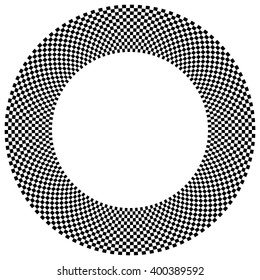 Checkered circular element. Abstract monochrome graphic with squared, checkered pattern.