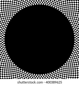 Checkered circular element. Abstract monochrome graphic with squared, checkered pattern.