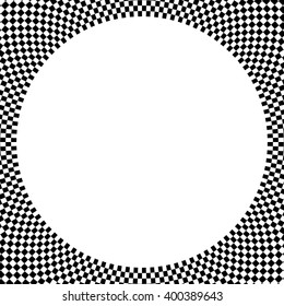 Checkered circular element. Abstract monochrome graphic with squared, checkered pattern.