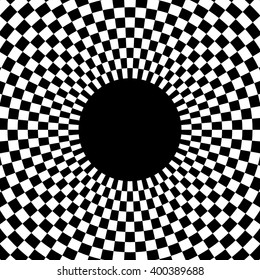 Checkered circular element. Abstract monochrome graphic with squared, checkered pattern.