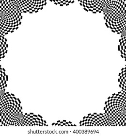 Checkered circular element. Abstract monochrome graphic with squared, checkered pattern.
