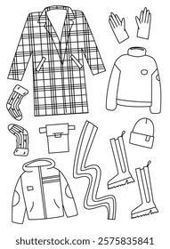 Checkered coat, high boots and sweater. A set of clothes for cold autumn. Flat vector line illustration, eps10