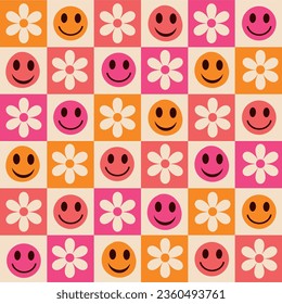 Checkered colorful happy faces with flowers seamless pattern in orange, pink and coral. For stationary, wrapping paper and fabric. 