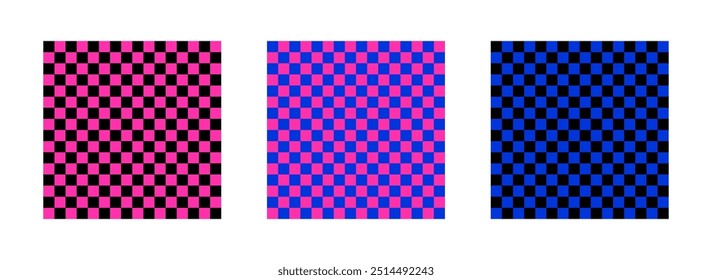 Checkered colorful Y2K seamless patterns set. Vector abstract retro minimal backgrounds