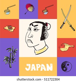 Checkered concept with japanese national and country related symbols. Samurai face, swords, noodles with sticks, umbrella, sushi, bamboo, yin yang symbol, fugu fish hand drawn vector icons set