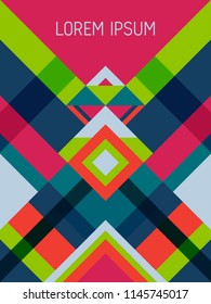 Checkered cover page layout vector template geometric design with triangles and stripes pattern. Ethnic brazilian motifs. Striped bauhaus pattern vector cover design. Trendy geometry.