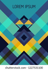 Checkered cover page layout vector template geometric design with triangles and stripes pattern. Ethnic brazilian motifs. Striped bauhaus pattern vector cover design. Cool geometry.