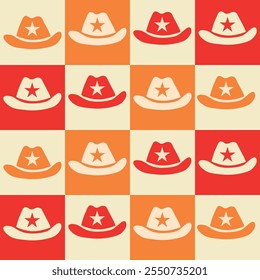 Checkered cowgirl hat seamless pattern on red , orange and white checkerboards. For fabric, textile and wrapping paper 