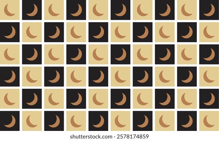 Checkered crescent moon on beige and dark blue checkerboards seamless pattern. For home decor, wallpaper and fabric.