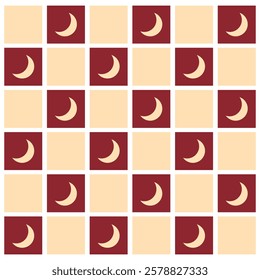 Checkered crescent moon on beige and red checkerboards seamless pattern. For home decor, wallpaper and fabric.