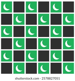 Checkered crescent moon on green and black checkerboards seamless pattern. For home decor, wallpaper and fabric.