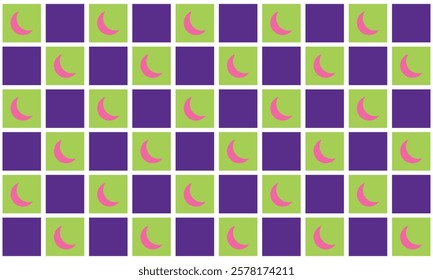 Checkered crescent moon on purple and green checkerboards seamless pattern. For home decor, wallpaper and fabric.