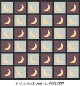 Checkered crescent moon on tosca green and brown checkerboards seamless pattern. For home decor, wallpaper and fabric.
