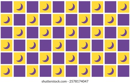 Checkered crescent moon on yellow and purple checkerboards seamless pattern. For home decor, wallpaper and fabric.