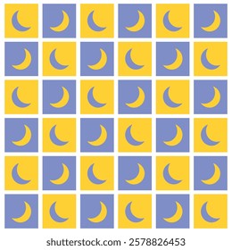 Checkered crescent moon on yellow and purple checkerboards seamless pattern. For home decor, wallpaper and fabric.