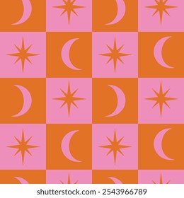 Checkered crescent moon and stars on pink and orange checkerboards seamless pattern. For home décor, wallpaper and fabric. 