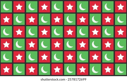 Checkered crescent moon and stars on red and green checkerboards seamless pattern. For home decor, wallpaper and fabric.