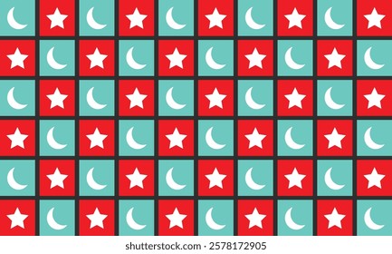 Checkered crescent moon and stars on red and blue tosca checkerboards seamless pattern. For home decor, wallpaper and fabric.