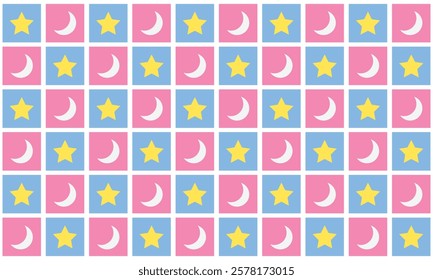 Checkered crescent moon and stars on pink and blue checkerboards seamless pattern. For home decor, wallpaper and fabric.