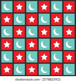 Checkered crescent moon and stars on red and blue tosca checkerboards seamless pattern. For home decor, wallpaper and fabric.