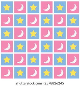 Checkered crescent moon and stars on pink and blue checkerboards seamless pattern. For home decor, wallpaper and fabric.