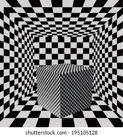 Checkered cube on checkered background