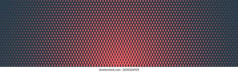 Padrão de meio-tom radial tracejado traço ultra largo 32:9 taxa de proporção vermelho preto vetor conceitual abstrato fundo. Abstração de tecnologia futurista de formato panorâmico panorâmico de meio tom