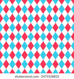 Checkered diamond texture. Circus seamless pattern. Harlequin lozenge background. Blue and red rhombus plaid prints. Vector illustration. Modern argyle geometric backdrop.